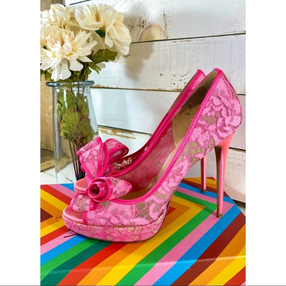 Valentino Garavani Hot Pink Lace Couture Bow Pumps